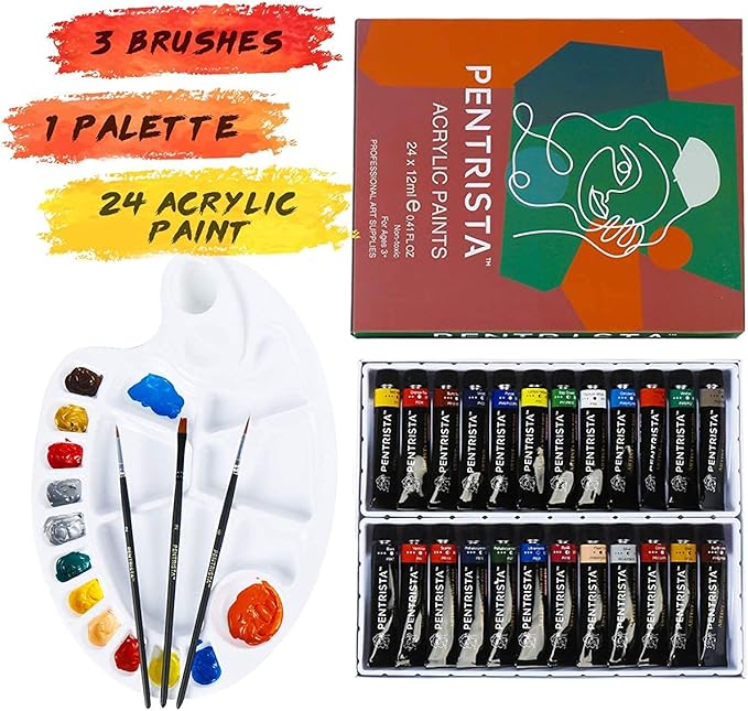 Heavy Body Acrylic Paint Sets, 24 Colors 12ml/0.41 fl.oz Art Paint Tubes with 3pcs Brush + Palette,Non-Toxic Artist Acrylic Paints for Adults,Beginners on Canvas Rocks Wood Fabric Craft