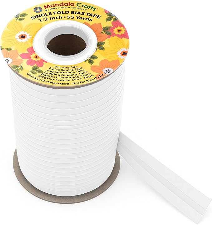 Mandala Crafts 1/2 Inch Single Fold Bias Tape for Sewing, Quilting, Piping, Hemming, Blanket & Quilt Binding – 55 Yards White Fabric Seam Binding Tape