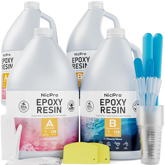 Nicpro 4 Gallon Crystal Clear Epoxy Resin Kit, High Gloss & Bubbles Free Resin Supplies for Coating and Casting, Craft DIY, Wood, Table Top, Bar Top, Molds, River Tables with Cups, Sticks, Gloves