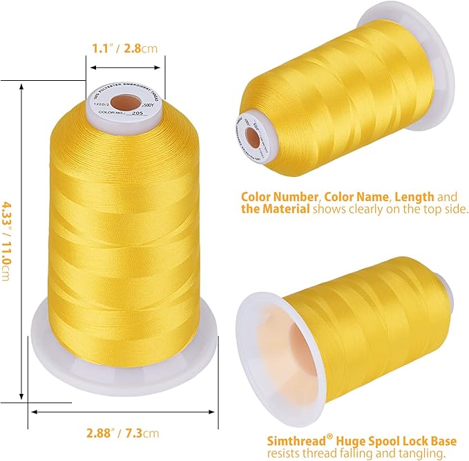 Simthread Embroidery Thread 5500 Yards Yellow 205, 2 Huge Spools 40wt Polyester for Brother, Babylock, Janome, Singer, Pfaff, Husqvarna, Bernina Machine