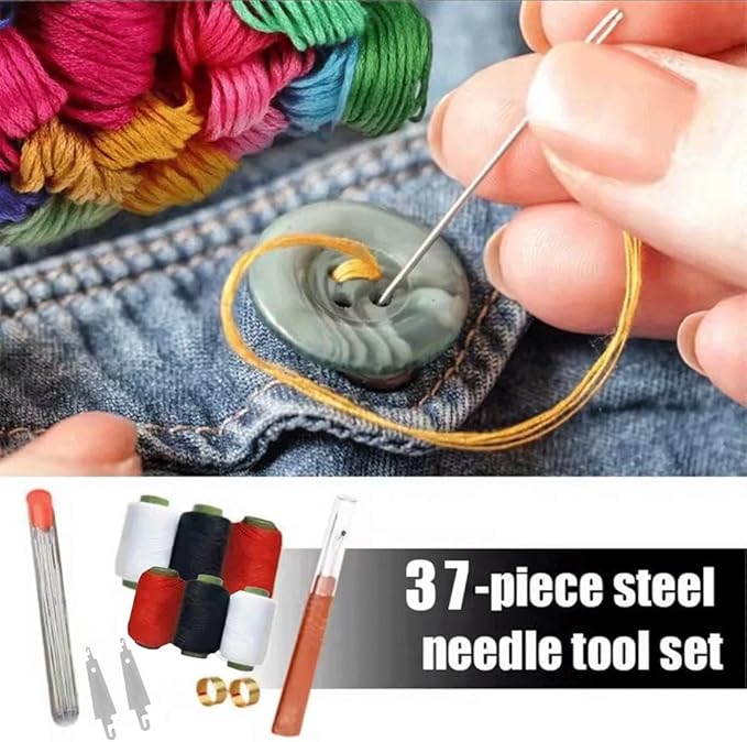 37 Piece Big Eye Steel Sewing with Sewing Tool Set Needle and Thread Kit，Stainless Steel Needles Hand Sewing，Mnin Portable Sewing Kit for Adults
