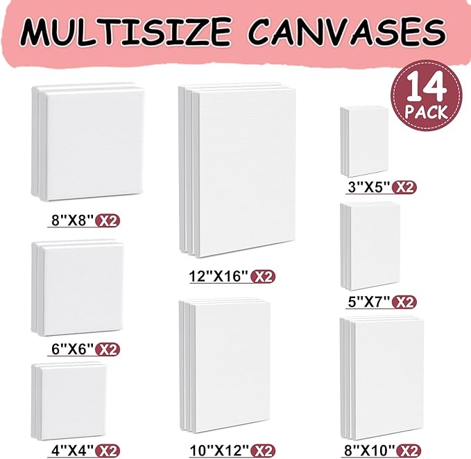 14 Packs Stretched Canvas for Painting, MultiSize 12x16, 10x12, 8x10, 5x7, 8x8, 6x6, 4x4 (2 of Each), Primed Blank Canvas for Oil, Acrylic Paint,for Beginner, Artist.