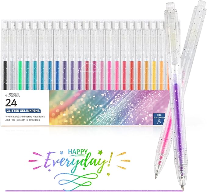 Glitter Gel Pens, 24 Colors Metallic Vibrant Retractable Sparkle Gel Pens for Coloring Journaling Drawing Doodling Colored Pen for Kids Adult Fun Pens 0.8-1mm