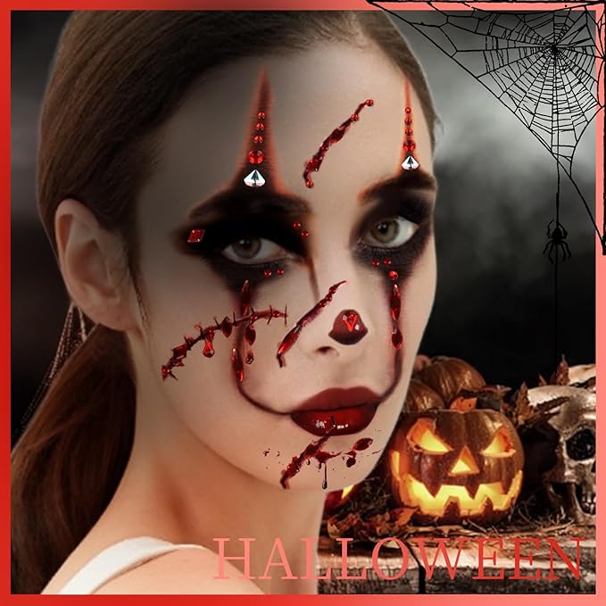 Teenitor 4 Sheets Face Gems Stick on, Face Jewels Red and Balck Face Rhinestones Gems, Festival Jewels Self-Adhesive Face Gems for Women, Rave Accessories for Face Eyes Body Halloween Makeup