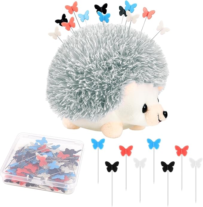 Hedgehog Shaped Pin Cushion Sewing Kit, Sewing Pincushion with 100 Pcs Colored Butterfly Pins for Sewing Dressmaker (Gray)