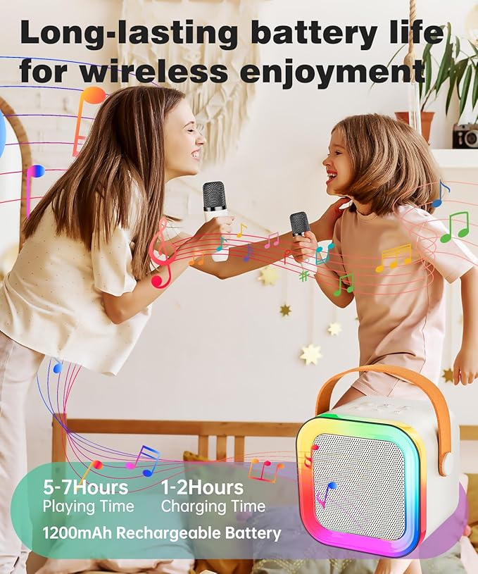 Mini Karaoke Machine Speaker for Kids Adults,Portable Bluetooth with 1-2 Wireless Microphones,Christmas Birthday Gifts Toys Girls Boys Ages 4, 5, 6,7, 8,9,10,11,12+ Years Old Toddler (Off-White -1Mic)