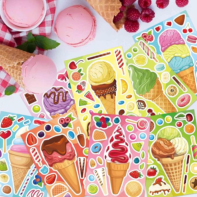 24 Sheets Ice Cream Stickers, Make Your Own Sticker for Toddlers Kids, Make a Face Stickers for Ice Cream Party Favor Supplies Craft