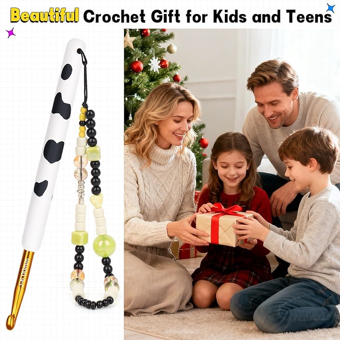 Katech Ergonomic Crochet Hook, Aluminum Soft Grip Crochet Hooks for Beginners and Arthritic Hands, Soft Clay Crochet Needle with Cow Motif and Bead Chain-Ideal Gift for Crocheter (6.0mm)