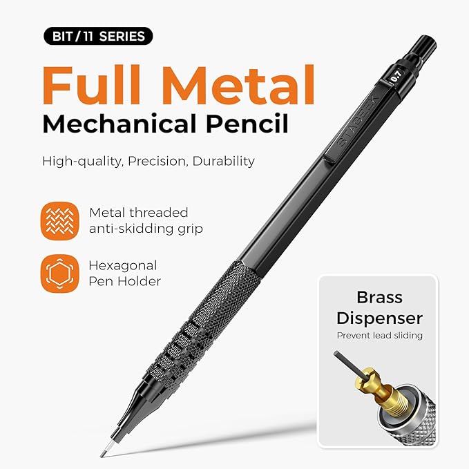25PCS Art Mechanical Pencil Set, 3PCS Metal lead pencil 0.5, 0.7, 0.9, 2PCS 2mm Drawing Pencil (HB 2H 2B 4B Color) with 392PCS Graphite Leads, Eraser with Case for Drafting Drawing Writing
