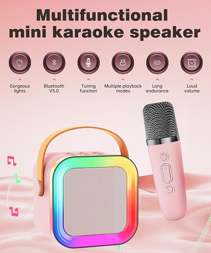 Mini Karaoke Machine Speaker for Kids Adults,Portable Bluetooth with 1-2 Wireless Microphones,Christmas Birthday Gifts Toys Girls Boys Ages 4, 5, 6,7, 8,9,10,11,12+ Years Old Toddler (Pink - 2 Mic)