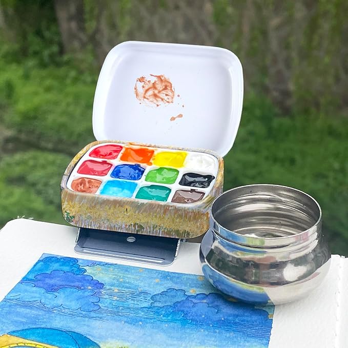 Portable Mini Tin Box,12-Well Empty Watercolor Palette,Small Paint Storage Travel Artist Outdoor Sketch Watercolor Kits with Magnetic Clip and Oil Pot.Wheat Field