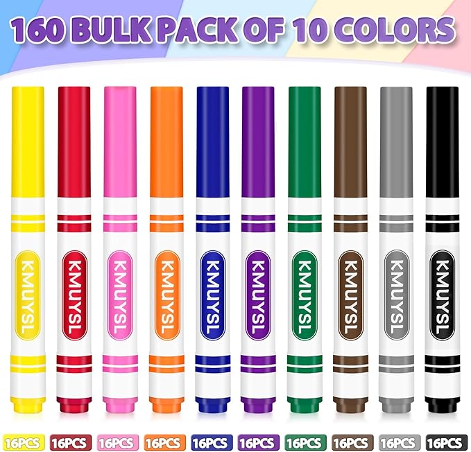 KMUYSL 160 Count Washable Markers Bulk, 10 Assorted Colors - Broad Line Conical Tip Coloring Markers, School Art Supplies & Back to School Essentials, Teacher Classroom Must Haves