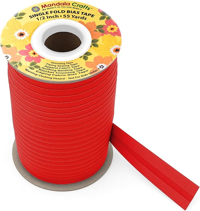 Mandala Crafts 1/2 Inch Single Fold Bias Tape for Sewing, Quilting, Piping, Hemming, Blanket & Quilt Binding – 55 Yards Red Fabric Seam Binding Tape