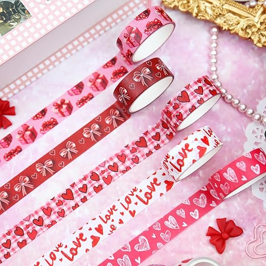 Valentine's Day Washi Tape Set - 16 Rolls Pink & Red Decorative Tape for Love Letters, Journals & Gifts (0.6" x 10 ft) - Hearts, XOXO, Love, Candy, Rainbows, Love Letters