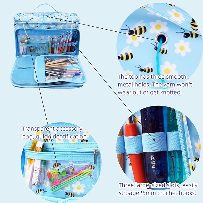 WAZAIGUR Indoor Outdoor Portable Yarn Storage Organizer for Crocheting Knitting Lovers Tote Large Capacity Knitting Project Bag, Blue
