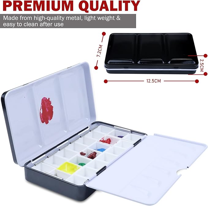 DUGATO Small Empty Watercolor Palette Tin with Lid - Includes 20 Half Pans, 4 Fold-Out Mixing Areas - Metal Travel Box for DIY Art Supplies