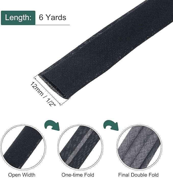 MECCANIXITY 1/2 Inch Double Fold Bias Tape Continuous Bulk Cotton Bias Tape for Sewing Seaming Quilting Hemming Binding Crafts (Gray Black 6 Yards)