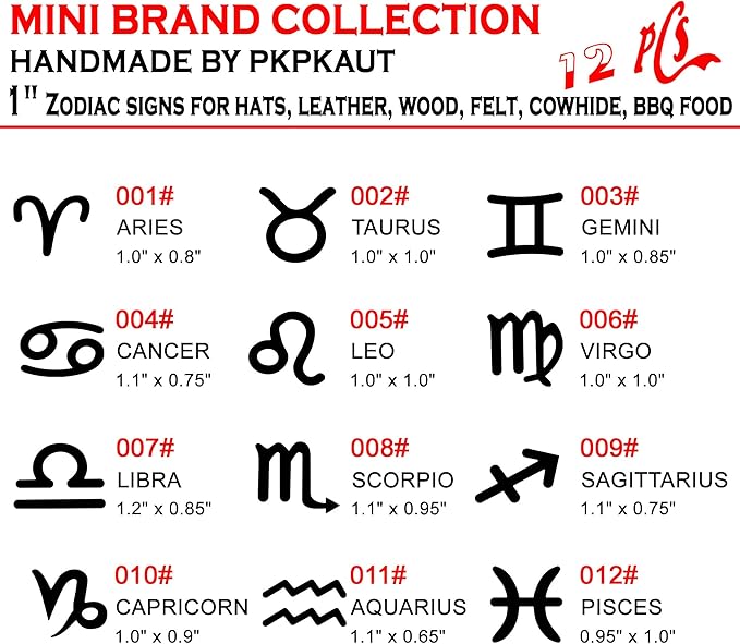 12Pcs Mini 1" Branding Irons, Zodiac Signs Custom Wood Branding Iron Personalized for Wood Working, Leather Hats, Felt, Cowhide, BBQ Brander & Bread Logo, Steak Branding Iron for Food
