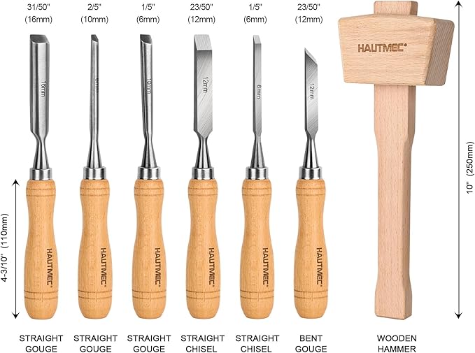 HAUTMEC 7-Piece Wood Chisel Set with Wooden Mallet, CR-V Steel Beveled Gouge Tools with Beech Handles and Storage Box, Wood Carving Kit for Woodworking & DIY - HT0393