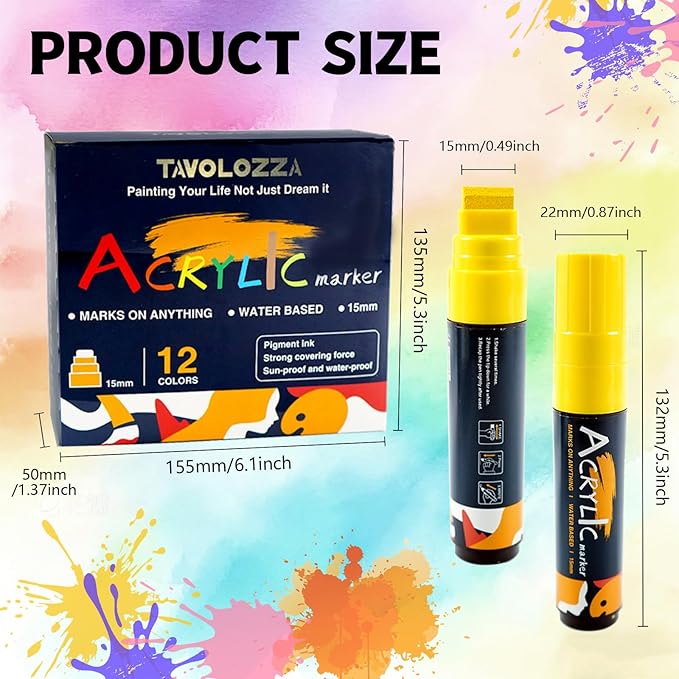 Tavolozza Fine Arts Jumbo Markers 12 Colors - 15mm Wide Felt Tip Acrylic Window Markers, Versatile Marker for Poster Board, Rock, Stone, Glass, Wood, Ceramic, Metal, Plastic, Banner & Fabric