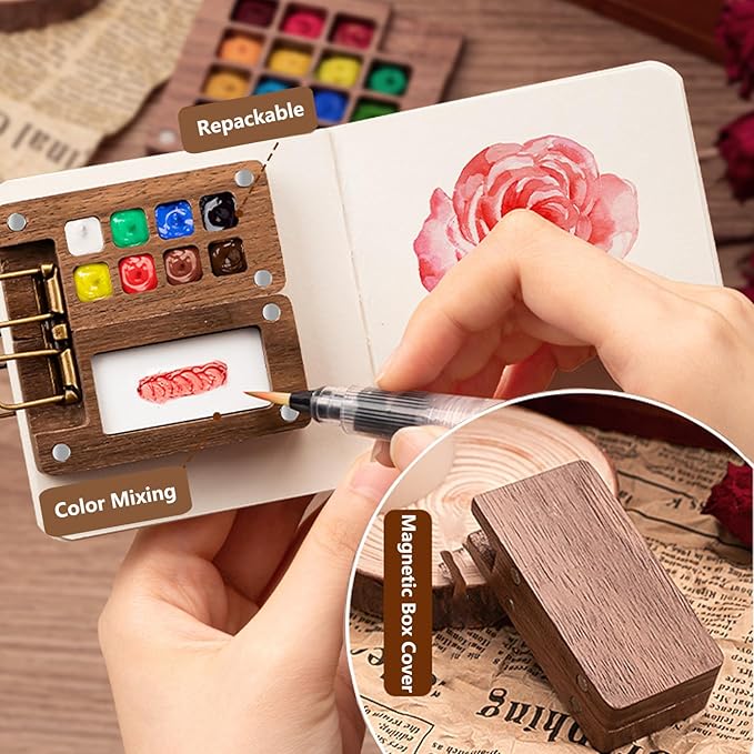 Mini Watercolor Travel Paint Set - Mini Paint Palette Travel Kit, Pocketartist Watercolor Set with Colours, Binder Clips, 3 Watercolor Pens, Brush for Painters Artists Student