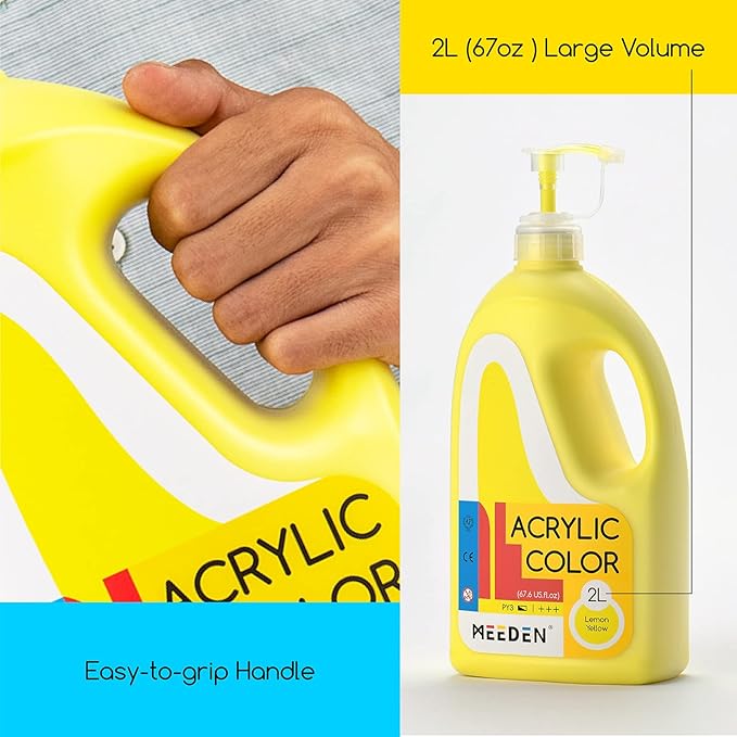 MEEDEN Lemon Yellow Acrylic Paint with Pump Lid, 1/2 Gallon (2L /67.6 oz.) Heavy-Body Non-Toxic Rich Pigment Color, Perfect for Art Class, Wall Painting, Painting Party & Creative DIY