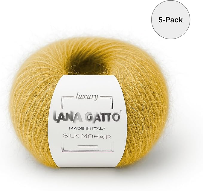 5 Skeins, Silk Mohair Luxury Yarns, Premium and Soft Blend for Knitting and Crocheting, Made in Italy (Yellow - 14531, 5)