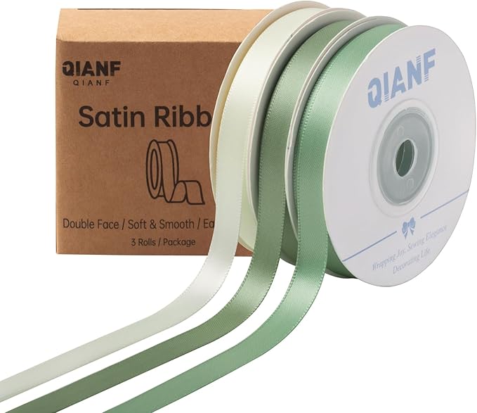 Sage Green Double Face Satin Ribbon 3/8 Inch x 45 Yards Moss Green Cream Fabric Ribbon for Gift Wrapping, Flower Bouquets, Bows Making, Wedding Decoration, Invitations, Christmas (3 Rolls *15Yd)
