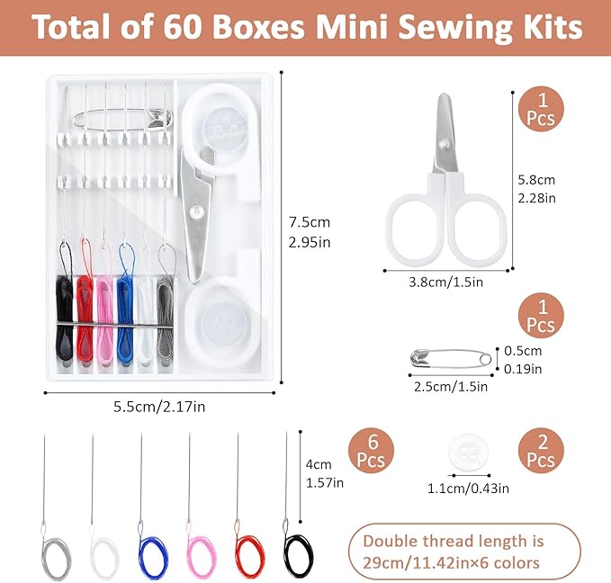 Worldity 60 Boxes Mini Sewing Kit Bulk, Travel Sewing Kit with Pre Threaded Needles, Scissors, Button, Pin, Emergency Quick Fix Repair Sewing Set for Home, Hotel, Travel Necessities (Assorted Color)