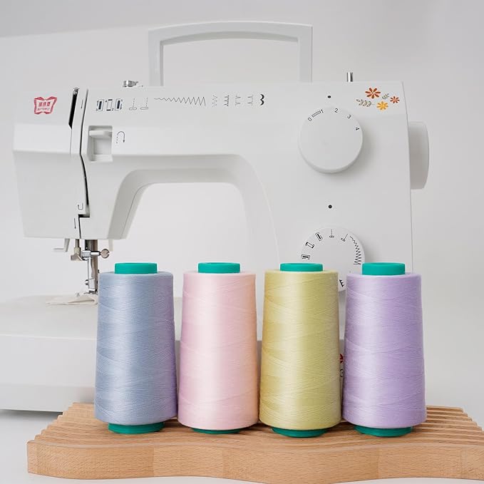Serger Thread, All-Purpose Sewing Thread Polyester,4 Cones of 3000 Yards Each Spool,Cone Thread for Sewing Machine,140S/2 (Grey Blue,Yellow Green,Purple,Pink)