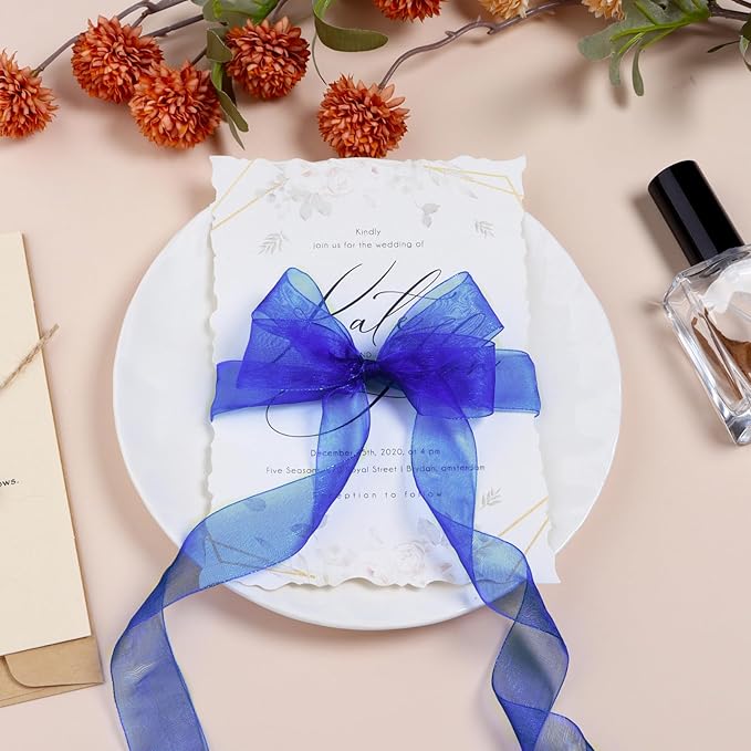 Royal Blue Ribbon for Gift Wrapping 3/8 inch Sheer Organza Ribbon for Flower Bouquet Tulle Chiffon Ribbons for Wedding Invitations Christmas Halloween Decorations Crafts 50 Yards