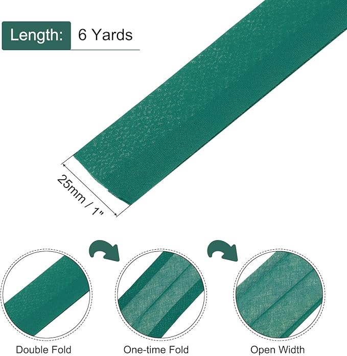 MECCANIXITY 1 Inch Double Fold Bias Tape Continuous Bulk Cotton Bias Tape for Sewing Seaming Quilting Hemming Binding Crafts (Dark Green 6 Yards)