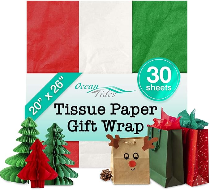 Ocean Tides 30 Sheets (20x26 Inches) Christmas Wrapping Paper – Gift Wrapping Tissue Paper Bulk for Crafts, Birthdays & Holidays – Colored Tissue Papers for Gift Bags & Decorations, Red, White, Green