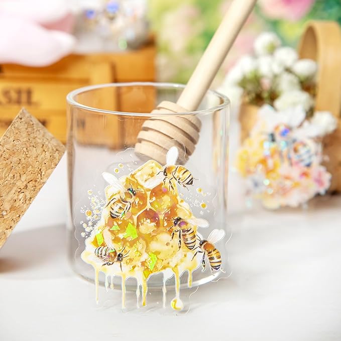 60-Piece Holographic Bee Insect Garden Girls Aesthetic Stickers – Clear Honeybee, Floral, Honeycomb Scrapbooking Stickers for Journaling, Resin Art, Laptops, Test Tube Vase Decoration