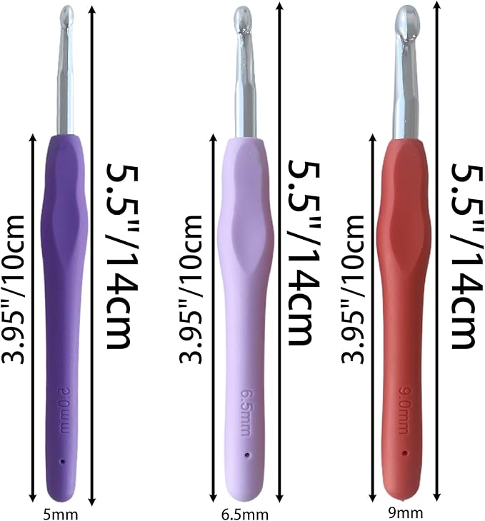 ZCLGOOD 3PCS 5mm/6.5mm/9mm Ergonomic Crochet Hooks Set, Soft Rubber Handle Aluminum Knitting Needles, Professional Yarn Craft Tools for Beginners Adults DIY Projects