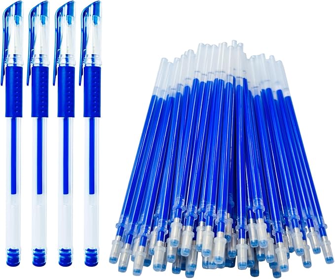 Disappearing Fabric pen for Sewing & Quilting | 4 Blue Pens + 50 Blue Refills | Heat Erasable Ink, Sewing Kit, Embroidery Supplies, Dressmaking Tools | High Volume Refill Pack