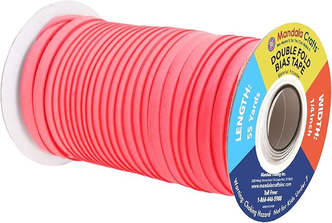 Mandala Crafts 55 Yards 1/4 Inch Neon Pink Double Fold Bias Tape for Sewing - Bias Binding Tape for Quilting Binding, Hemming, Seam, and Fabric Piping