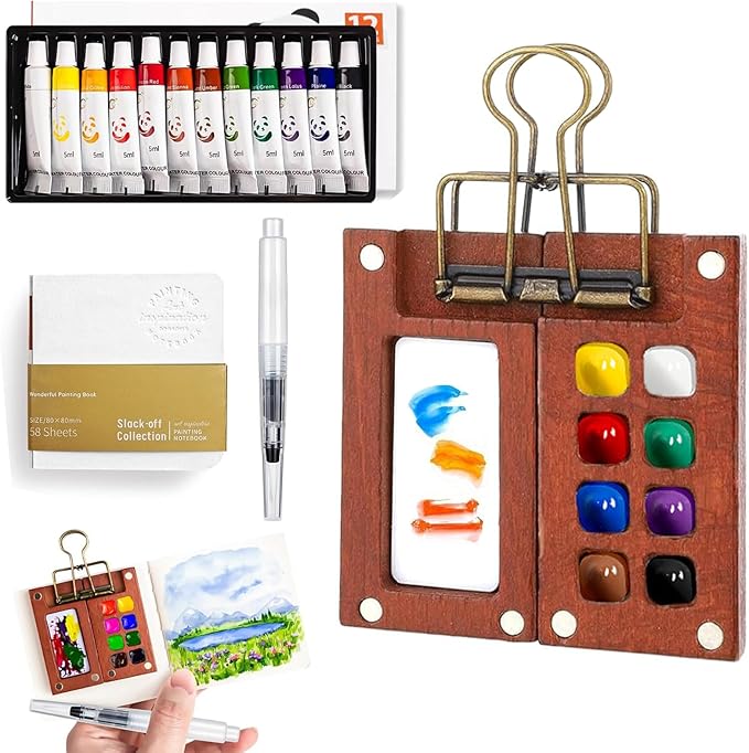 Mini Watercolor Travel Set, 2026 New Portable Pocket Artist Watercolor Paint Set with Picture Book, Wooden Paint Palette for Painters, Artists, and Students (8 Grids with 12 Color Paints)