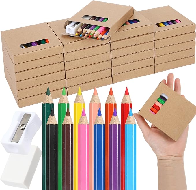 576 Pcs/ 48 Boxes Christmas Mini Colored Pencils Bulk for Kid 3.5 Inch Short Drawing Colored Pencil with Sharpener Eraser for Christmas Children Painting Classroom Gifts Party Supplies