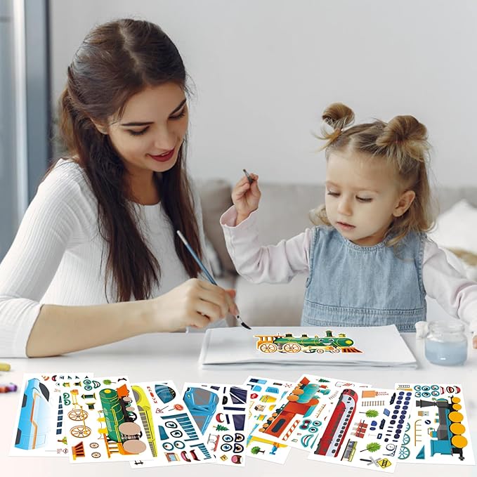 DUJAA 24 Sheets Train Stickers for Kids, Make Your Own Steam, Freight, Bullet Trolley Trains Stickers for Toddlers, Train Party Favors, DIY Craft Great Birthday Classroom Teacher Reward