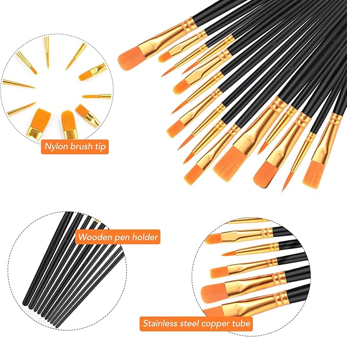 AROIC Acrylic Paint Brushes, 6 Packs / 60 pcs Nylon Hair Paint Brush Set for All Purpose Oil Watercolor Painting Artist Professional Kits (Black)