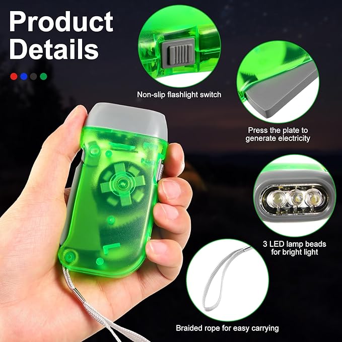 Treela 36 Pcs Hand Crank Flashlights Operation Christmas Bulk Items Squeeze Flashlight No Battery Required Torchlight 3 Powered Charging for Emergency(Green, Gray, Blue, Red)