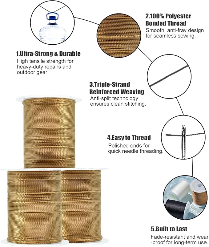 Extra Strong Upholstery Thread Repair Sewing Kit,Polyester Thread for Sewing with 7 Size Sewing Needles for Furniture,Leather&Canvas Stitching,70m/Spool (Khaki)