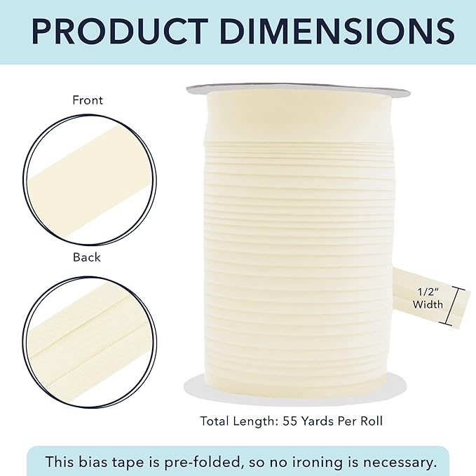 Mandala Crafts 1/2 Inch Single Fold Bias Tape for Sewing, Quilting, Piping, Hemming, Blanket & Quilt Binding – 55 Yards Cream Fabric Seam Binding Tape