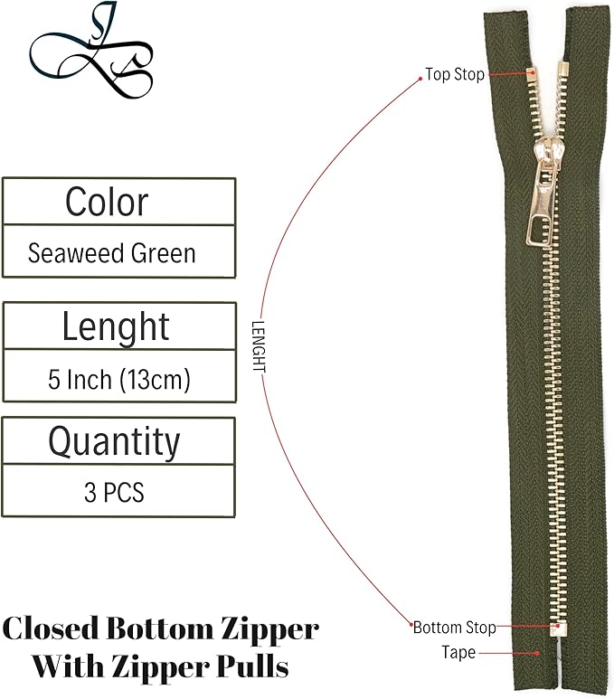 #5 Gold Metal Zipper - 50+ Colors - 3 PCS - (4-14 inches) Sizes - Luxury Lightweight Handcraft Metal Zippers with pulls for Purses Bags Pockets Shoes Sewing & Crafts DIY ZP02355