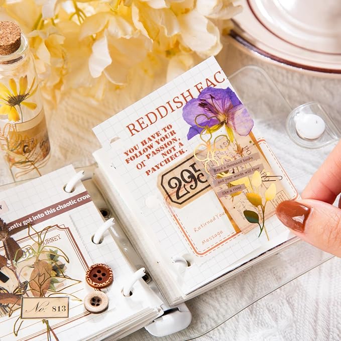 Yoksas 180Pcs Gold Foil Dried Flower Stickers - Clear Glitter Pressed Flowers Botanical Stickers for Scrapbooking,Junk Journals,Planner,Resin Art Supplies
