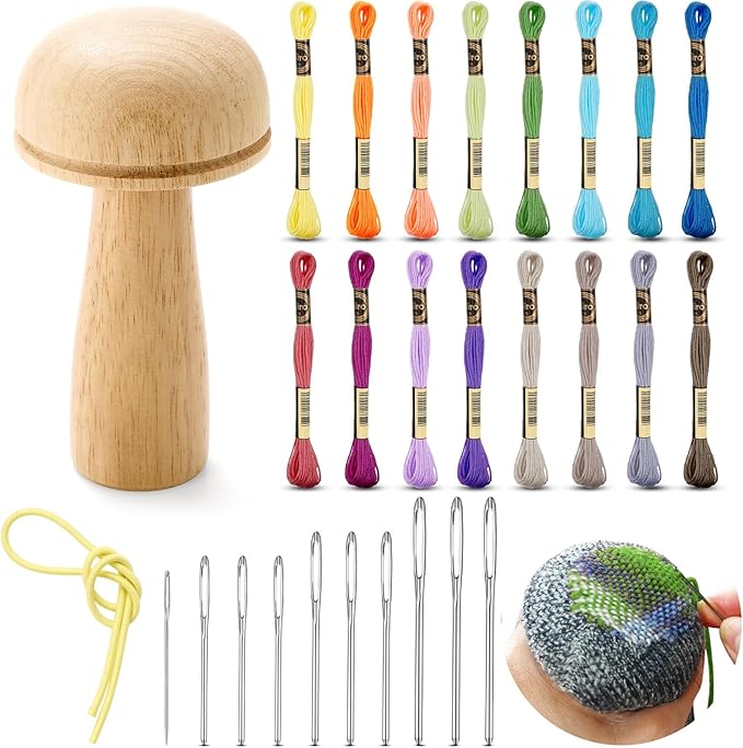 Jexine Darning Mushroom for Socks Wooden Darning Supplies with Large Eye Needles Sewing Threads for Socks Clothes Adults Darner DIY Craft Home Sewing Care (Multiple Color)