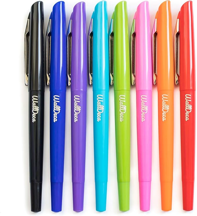 WallDeca Fine Point Felt Tip Pens (0.5mm), Vibrant Multi-Colored Writing Set With Smooth-Flowing Ink, No Bleed Markers for Journals and Note Taking, Everyday Writing and Colorful Doodling (8-Pack)