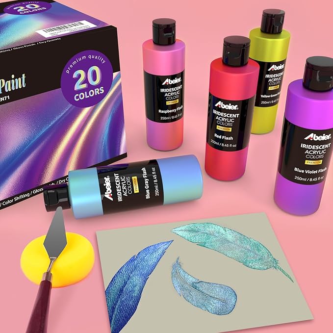 ABEIER Iridescent Acrylic Paint, Set of 20 Chameleon Colors, 8.45 oz/250ml Bottles, Color-shifting, Non-Toxic, High Viscosity, Blendable, Paints on Rocks Crafts Canvas Wood, Fabric, Ceramic & Stone
