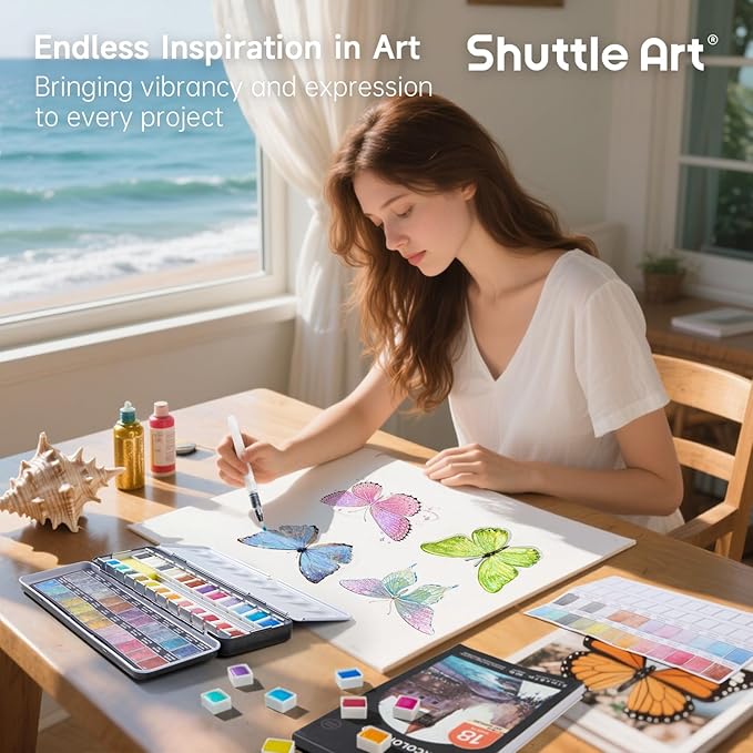 Metallic Watercolor Paints, Shuttle Art 24 Colors Glitter Watercolor Paint in Half Pans with Water Brush Pen Watercolor Pad &Mental Box, Art Supplies for WatercolorPainting, Illustrations, Calligraphy